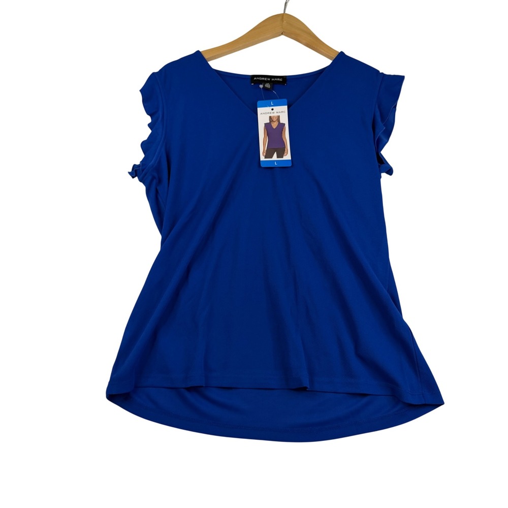 Andrew Marc Womens Royal Blue V-Neck‎ Ruffle Cap Sleeve Blouse Top Size L NWT